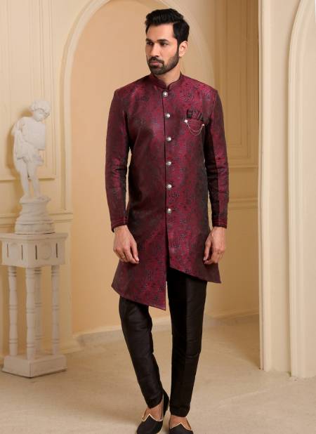 Wine Colour Heavy Jacquard Silk Digital Print Wedding Wear Indo Western Mens Collection 9242